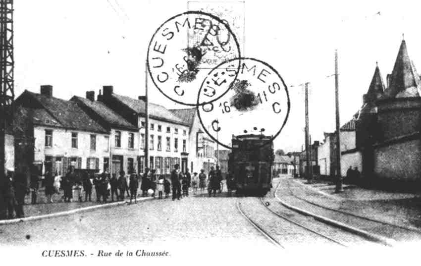 Cuesmes : rue E. Vandervelde anciennement rue de la Chausse. Le 3 mars 1912 s'y  arrtait le premier tram  vapeur.