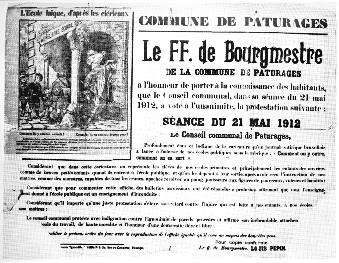 Pâturages : Affiche du conseil communal du 21 mai 1912.