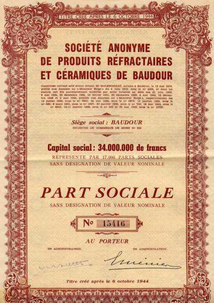 Baudour : Part sociale de la S.A. de produits rfractaires et cramiques de Baudour