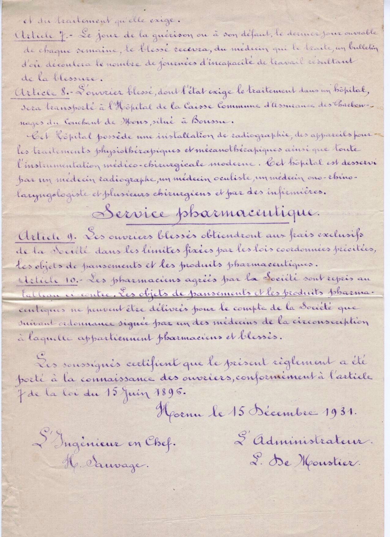 Hornu : Rglement mdical du Grand-Hornu.